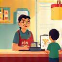 マクドナルドのお店と子供が絵を提出するイラスト